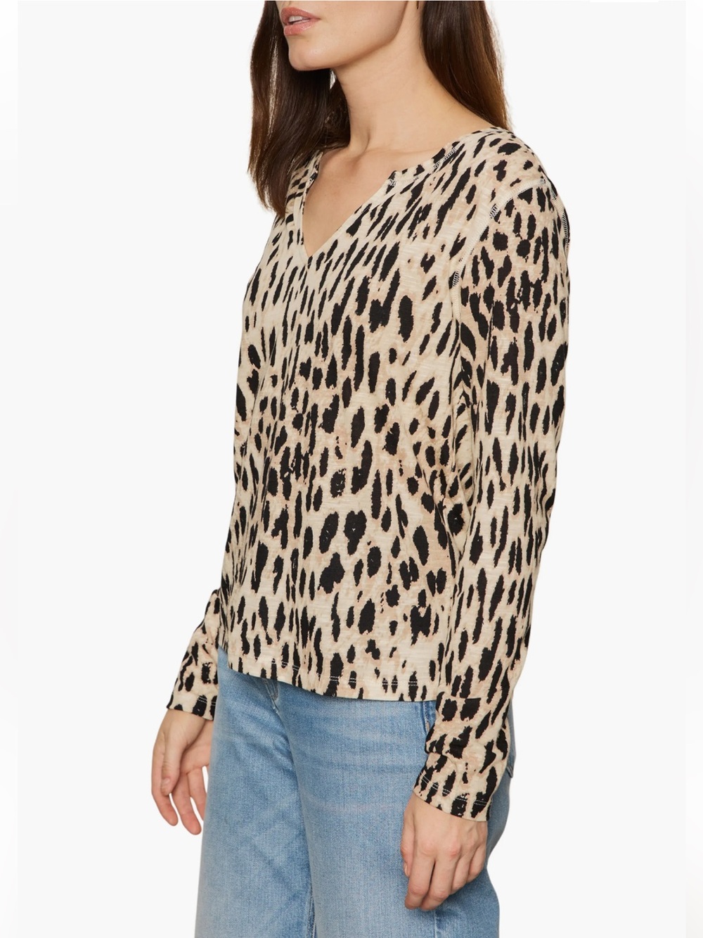 NWT Sanctuary Animal Print Split Neck Cotton Blend Knit Top Size Small Fall Chic